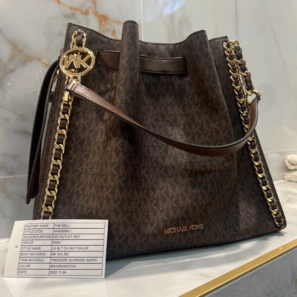 Michael Kors Brown Monogram Drawstring Shoulder Bag with Gold Chain